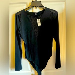 NWT Express black stretch bodysuit with see through lace insets  size M